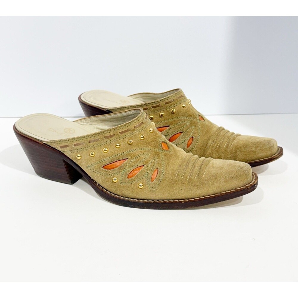 Cole Haan Womens Heels Mules D18363 US 8.5 B Tan Suede Slip-on Studded Leather